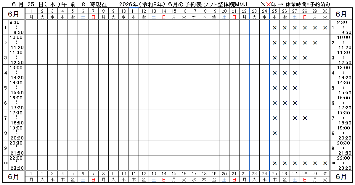 つくば市ソフト整体院ＭＭＪ2026年5月予約表